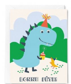 CARTE D'ANNIVERSAIRE - BONNE FÊTE! - DINOSAURE BLEU ET PETIT GÂTEAU FESTIF